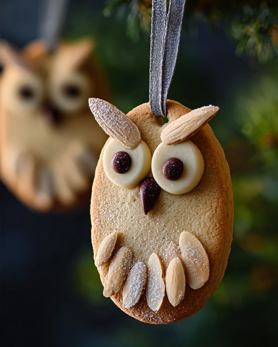 A close-up of an owl-shaped cookie hanging by a silver ribbon, showing three layers of detail: the cookie base is light golden brown with a smooth texture, two large white chocolate circles form the eyes, topped with smaller dark chocolate circles as pupils; two almond halves act as ears on top, and the lower part is decorated with overlapping almond slices acting as feathers, all dusted lightly with powdered sugar. The background is softly blurred with green and brown tones. Photo taken with an iphone --ar 4:5 --v 7