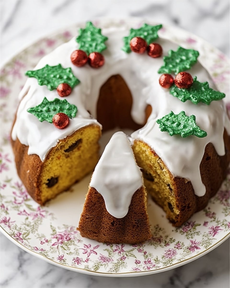The image shows a round, brown bundt cake with a smooth white icing layer flowing unevenly over the top, creating a soft texture. The icing is decorated with several green holly leaf shapes that have a textured surface for a realistic look, and small shiny red berry clusters placed in groups on top of the leaves and icing. A single slice is cut out and placed near the cake, revealing a yellow interior with small dark bits embedded inside, hinting at fruit or nuts. The cake sits on a white, floral-patterned plate, all set against a white marbled texture surface. photo taken with an iphone --ar 4:5 --v 7