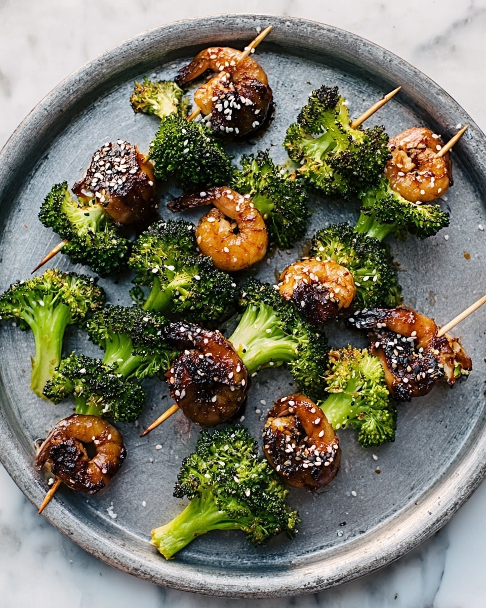 The image shows a white plate with a metal-like texture filled with small skewers, each holding a piece of broccoli and a glazed shrimp or grilled meat cube. The broccoli is bright green with a rough, bumpy texture, placed on one side of each skewer, while the shrimp and meat cubes are dark brown and shiny, covered with sesame seeds. The skewers are arranged loosely, creating a casual and colorful presentation on a white marbled surface. Photo taken with an iphone --ar 4:5 --v 7