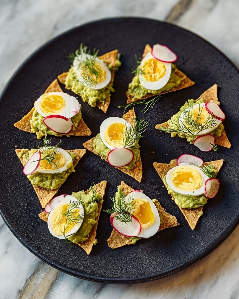 A large black plate holds eight triangular tortilla chips arranged in a circle, each topped with a layer of green guacamole that looks creamy. On four chips, there is a halved boiled egg with a slightly soft yellow yolk, sprinkled with red seasoning. The other four chips have thin slices of red and white radish and a small sprig of fresh dill. The plate is placed on a white marbled surface. The photo taken with an iphone --ar 4:5 --v 7