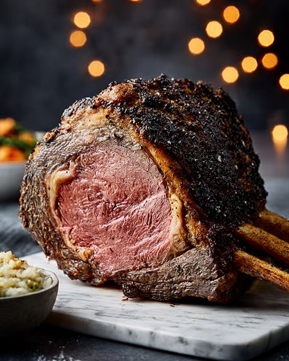 A large, thick cut of prime rib is shown standing on a white marbled surface, resting on a wooden board. The outer layer is charred and dark brown with a crunchy texture, while the inside reveals a juicy, pink center with a slightly red middle. The meat is surrounded by a thin layer of golden-brown fat near the crust. A woman's hand grips the large bone attached to the roast, holding it upright. In the background, there are blurred warm bokeh lights and two white bowls with side dishes, one filled with roasted carrots and the other with a grain or vegetable mix. Photo taken with an iphone --ar 4:5 --v 7