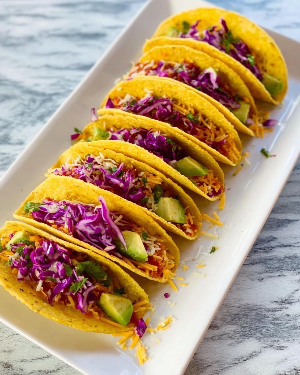 Seven small yellow corn taco shells are placed in a row on a long white rectangular plate, which rests on a white marbled surface. Each taco has three visible layers: at the bottom, there is a melted yellow cheese layer; in the middle, some diced green avocado pieces peek out; and on top, shredded bright purple cabbage covers the tacos, mixed slightly with small pieces of orange shredded cheese and bits of red tomato. The textures range from soft melted cheese and creamy avocado to crunchy cabbage and crisp taco shells. The tacos are neatly aligned, leaning against each other creating a colorful and fresh look. Photo taken with an iphone --ar 4:5 --v 7