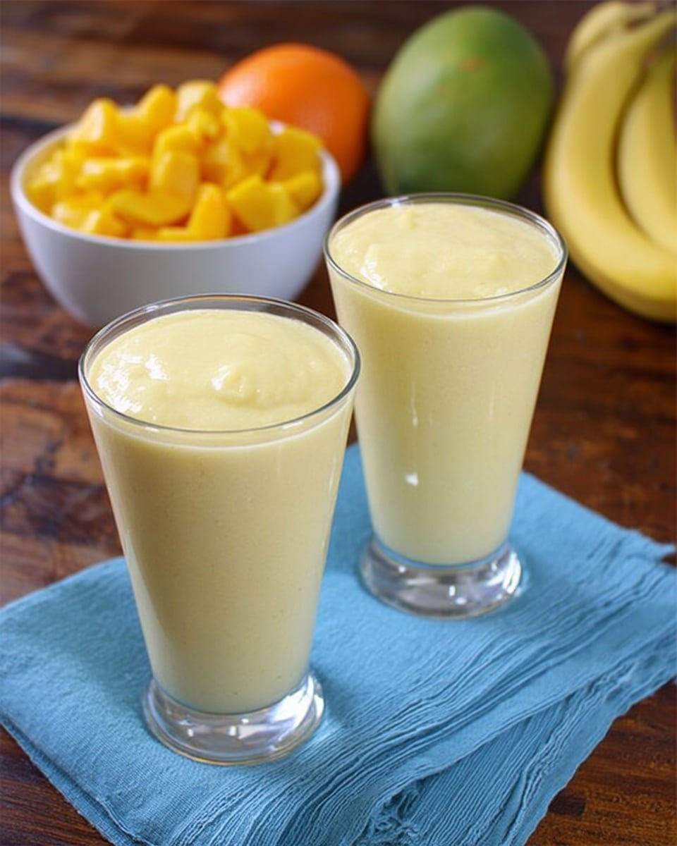 Two tall, clear glasses filled with a creamy light yellow smoothie are placed on a light blue cloth on a white marbled surface. Behind the glasses, there is a bowl of bright yellow chunks of fruit, and next to it are whole fruits, including a mango with green and yellow skin, a bright orange, and a bunch of small yellow bananas. The smoothie has a smooth texture with a slight shine on top, showing freshness. Photo taken with an iphone --ar 4:5 --v 7