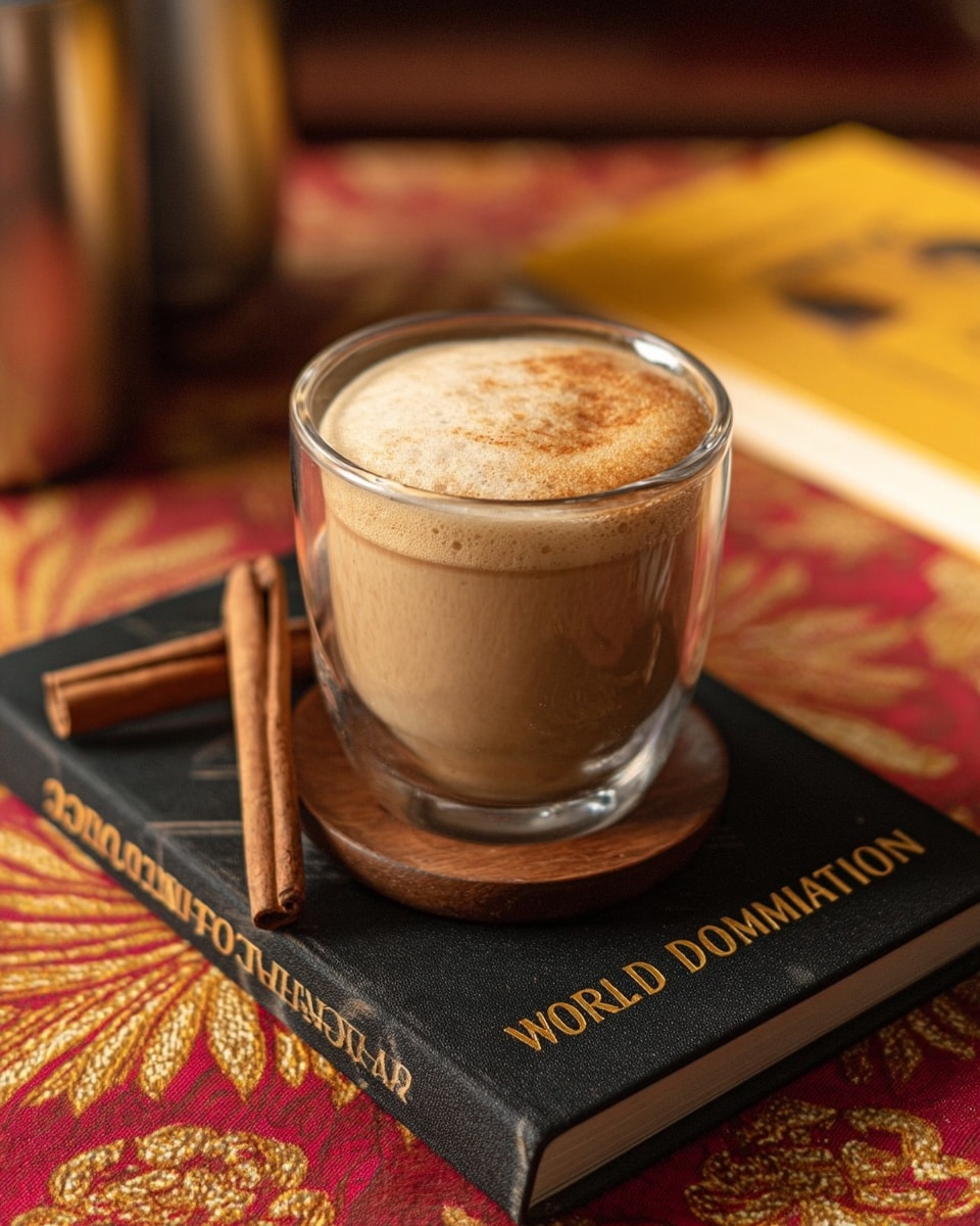 A clear glass cup filled with light brown coffee sits on a small round wooden coaster, placed on a black book with gold text. The coffee has a thick layer of creamy foam on top with small bubbles, covering the entire surface. Next to the cup, two dark brown cinnamon sticks rest on the book. In the background, there is a patterned red and yellow tablecloth with geometric shapes, and a yellow notebook is partly visible. Photo taken with an iphone --ar 4:5 --v 7