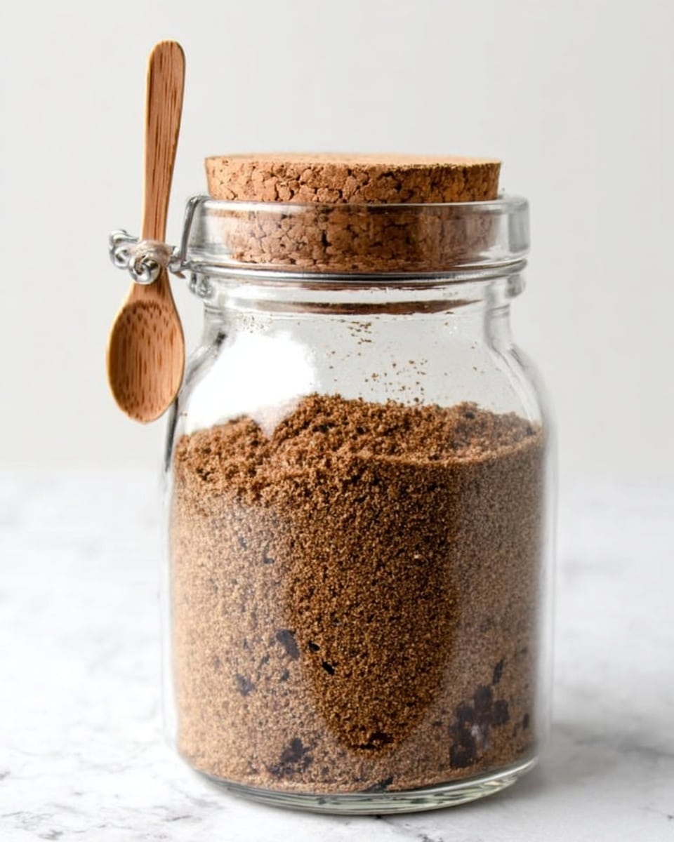 A clear glass jar filled with light to dark brown powder, tightly packed inside and topped with a cork lid. A small wooden spoon hangs on the side of the jar. The jar sits on a white marbled surface with a clean white background. photo taken with an iphone --ar 4:5 --v 7
