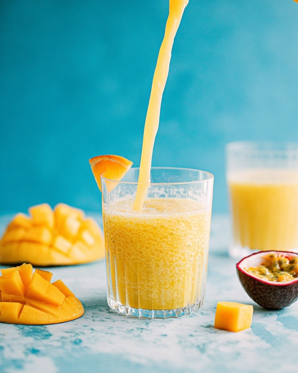 A clear glass filled almost to the top with a thick, pale yellow-orange smoothie. The smoothie has a frothy texture with small bubbles on top. A wedge of bright orange fruit is placed on the rim of the glass. Behind it, there is another glass with the same smoothie, slightly blurred. To the left on the white marbled surface, there are cubes of bright yellow mango. On the right side, a halved passion fruit shows its yellow seeds inside a dark purple rind. The background is a smooth bright blue color. photo taken with an iphone --ar 4:5 --v 7