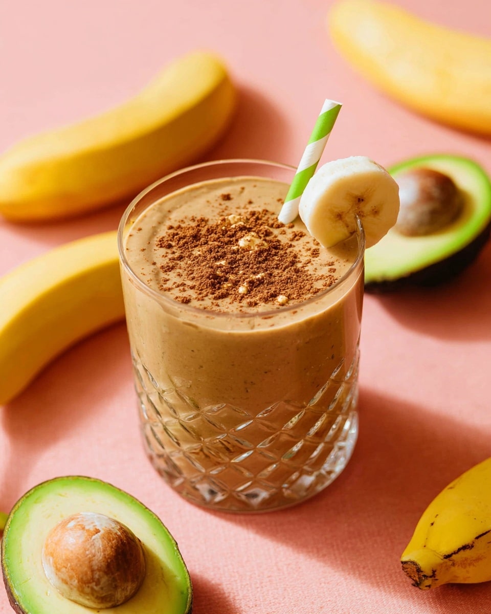 A thick light brown smoothie fills a clear textured glass, topped with fine cocoa powder sprinkled on top. A green and white striped straw stands vertically in the smoothie near the right side. A slice of banana is placed on the rim of the glass on the left side. The glass is sitting on a pink surface with halved avocado and whole bananas spread around it. There is another glass with the same smoothie and straw in the upper right part of the image. photo taken with an iphone --ar 4:5 --v 7