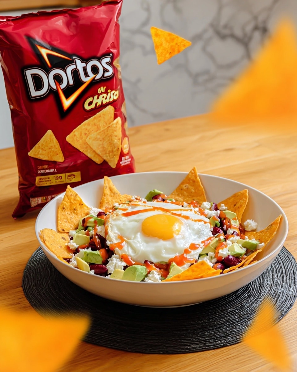 A white bowl sits on a dark round mat on a wooden table with a white marbled texture background. Inside the bowl, there is a layer of bright orange Doritos nacho cheese chips forming the base, topped with a scattered layer of dark red kidney beans and small white cheese crumbles. On top of this, there are several curved slices of light green avocado arranged around a sunny-side-up egg with a bright yellow yolk in the center. The whole dish is drizzled with a reddish-orange sauce, adding a glossy texture to the top. Behind the bowl, there is a red bag of Doritos Nacho Cheese chips standing upright. photo taken with an iphone --ar 4:5 --v 7