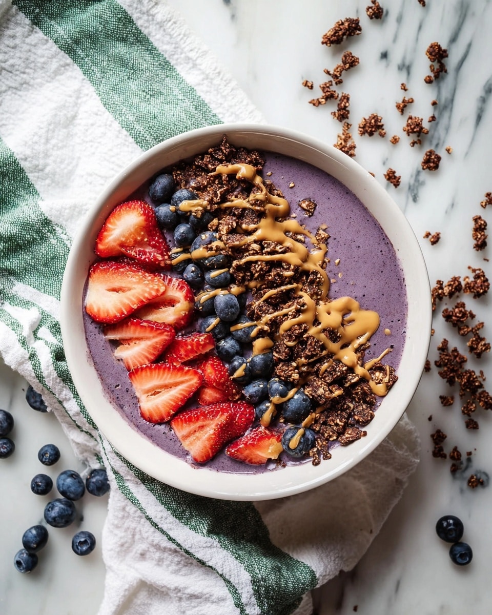 A white bowl is filled with a smooth, thick purple smoothie base as the first layer, covering the entire bottom. On top, there are three distinct layers placed side by side: sliced bright red strawberries on the left with some whole edges showing, fresh blue blueberries in the middle, and crunchy dark brown granola mixed with chocolate pieces on the right. Light brown peanut butter is drizzled in thin lines over the strawberries, blueberries, and granola, adding texture and contrast. The bowl is set on a white marbled surface with a white cloth that has green stripes folded next to it; scattered blueberries and granola pieces are spread around. photo taken with an iphone --ar 4:5 --v 7