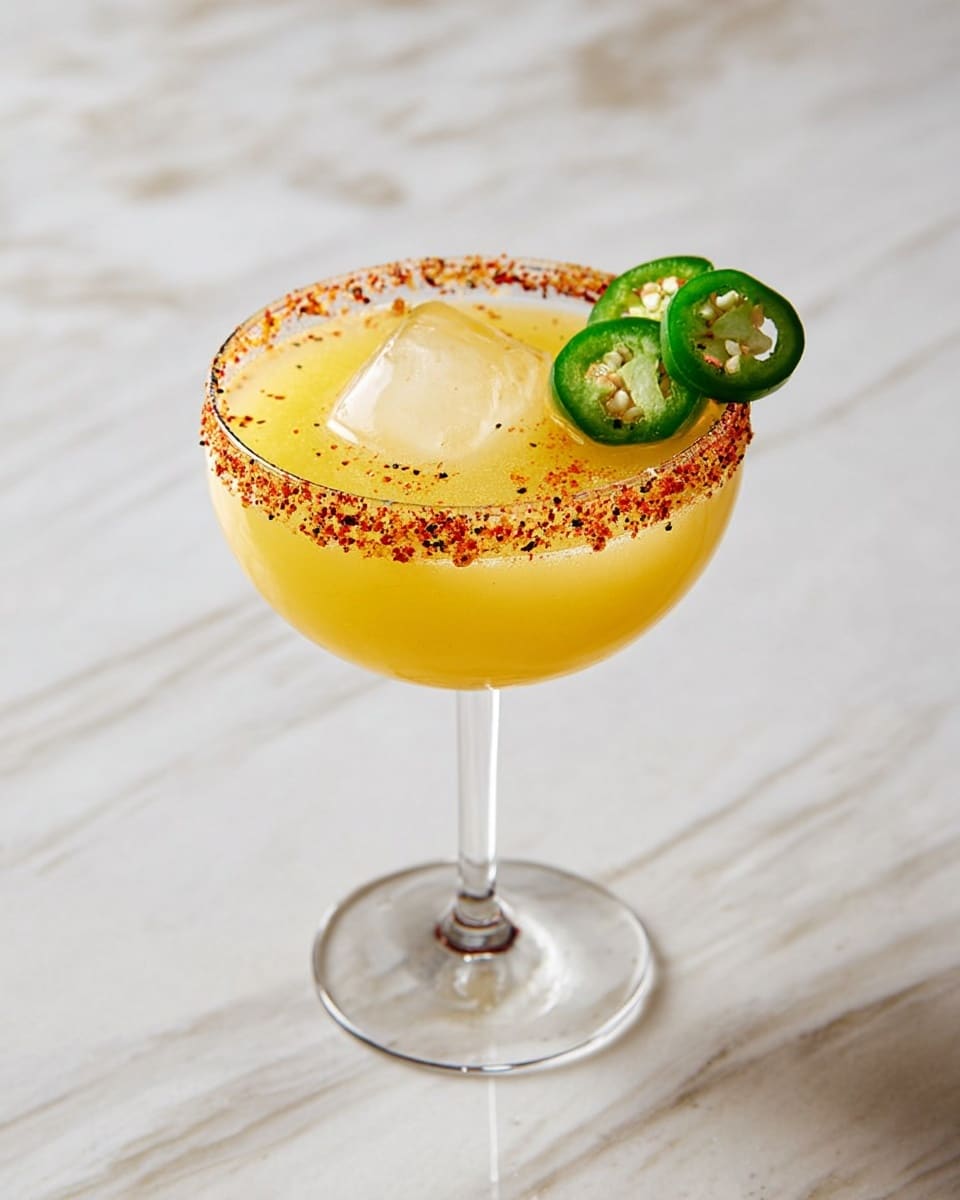 A clear glass coupe holds a single large ice cube floating in a smooth, pale yellow drink that fills almost to the rim. The rim is coated with a rough, reddish-brown spice mix, giving a textured border around the top edge. Two bright green jalapeño slices rest on the rim near the front, adding a fresh, spicy look. The glass sits on a white marbled surface that adds a light, clean contrast to the drink. Photo taken with an iphone --ar 4:5 --v 7