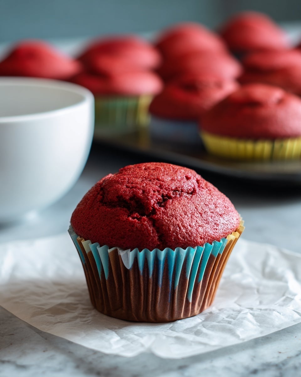A single red velvet cupcake with a rough, cracked texture on top sits in a crinkled white paper liner with faint blue patterns, placed on two layers of slightly crumpled white parchment sheets. Behind it, there is a blurred view of a metal muffin tray filled with more red velvet cupcakes, showing the same vibrant red tops. To the left, a smooth yellow mixing bowl adds a pop of color against a dark countertop, replaced by a white marbled texture. The photo is focused on the close cupcake, capturing the rich red color and soft crumb details. photo taken with an iphone --ar 4:5 --v 7