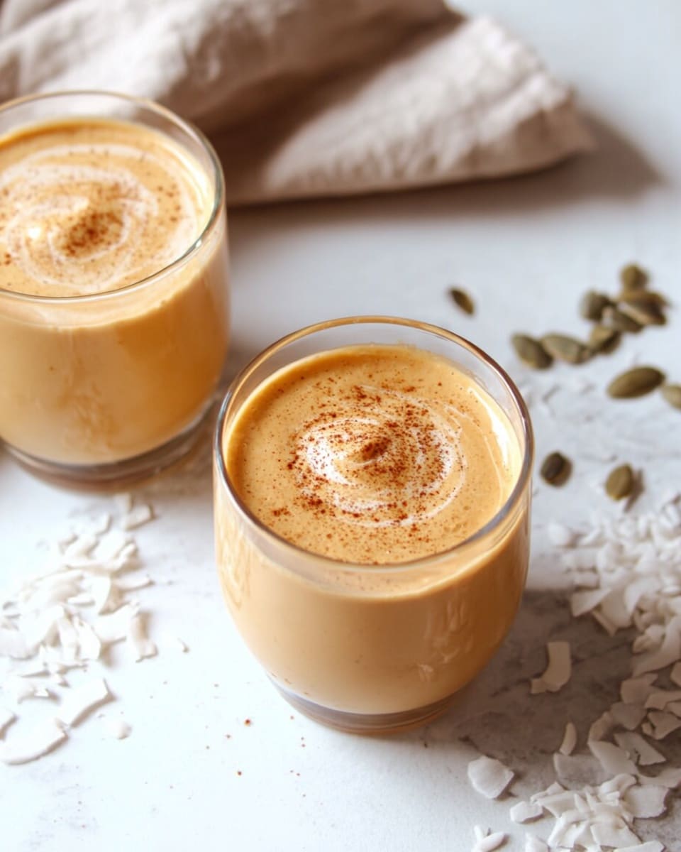 Two clear rounded glasses sit on a white marbled surface, each filled with a smooth, creamy light orange smoothie that has a slightly swirled texture on top. A sprinkle of fine brown powder, likely cinnamon or nutmeg, is dusted over the surface of each drink, adding a contrast in color. Around the glasses, there are scattered pieces of white coconut flakes and dark pumpkin seeds, adding texture and detail to the scene. A soft beige cloth lies folded in the top left corner, complementing the warm tones of the smoothies. photo taken with an iphone --ar 4:5 --v 7