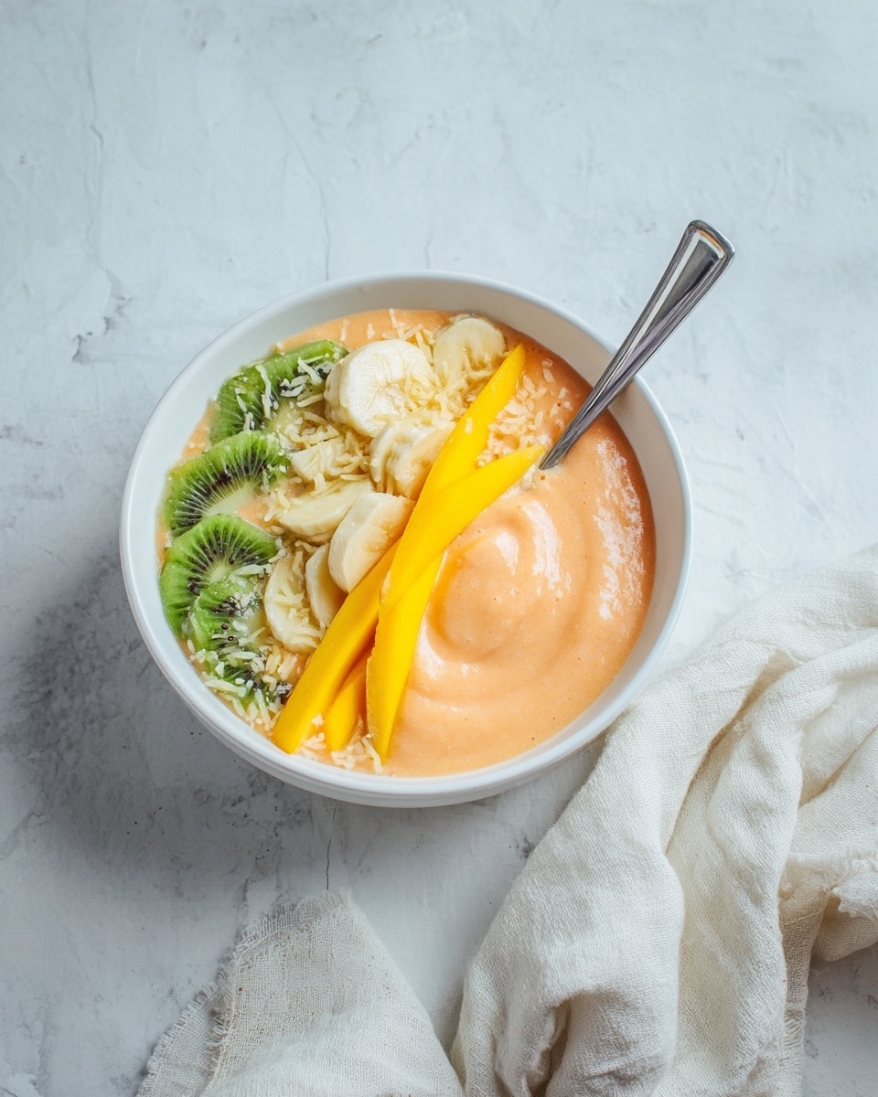 A white bowl holds a thick, creamy peach-colored smoothie base with a slightly textured surface. On top, a layer of fresh fruit slices decorates the left side: bright green kiwi pieces with black seeds, light yellow banana slices, and a vibrant yellow mango slice placed vertically in the center. Finely shredded white coconut flakes are sprinkled over the fruits, adding texture. A silver spoon stands inside the bowl towards the back. The bowl is set on a white marbled surface with a soft, crumpled light cloth nearby. photo taken with an iphone --ar 4:5 --v 7