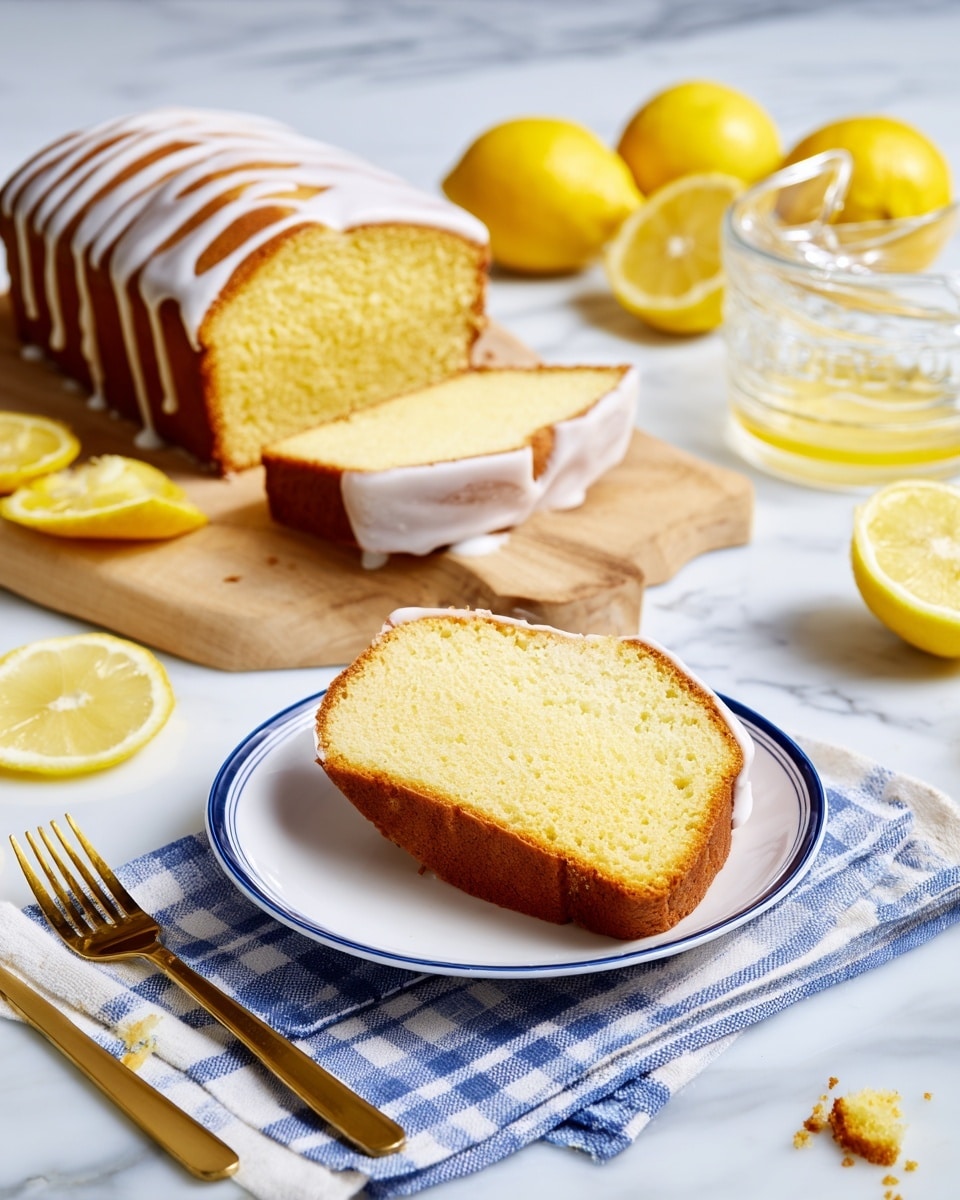 A slice of yellow lemon cake with a smooth white icing drizzle sits on a white plate with a thin blue rim, resting on a blue and white checkered cloth, with some crumbs next to it. Behind, a loaf of the same lemon cake with three more slices cut and layered together shows the light golden brown crust and soft yellow texture inside, all placed on a wooden cutting board. Around the scene, there are whole and halved bright yellow lemons, a clear glass lemon juicer with lemon juice inside, and a gold fork, all set on a white marbled surface. Photo taken with an iphone --ar 4:5 --v 7