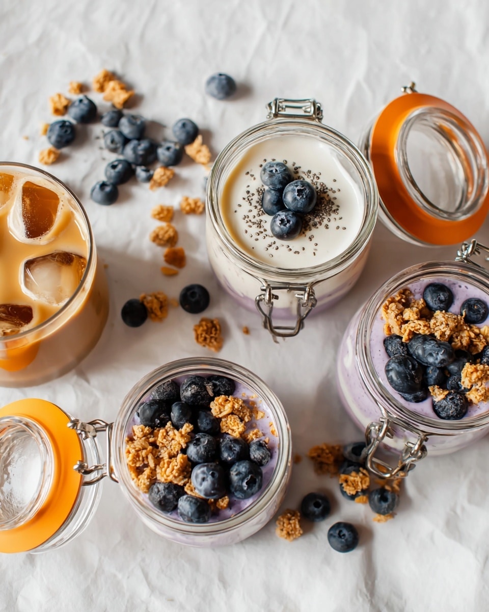 Three clear glass jars with orange rubber seals are filled with three layers: a bottom layer of light creamy yogurt, a middle layer of crunchy light brown cookie crumbles, and a top layer of fresh dark blue blueberries scattered with black chia seeds on one jar. Some cookie pieces and blueberries are scattered around the jars on a white marbled textured cloth. There is also a glass filled with light brown iced coffee beside the jars. The overall scene has a fresh and casual look, photo taken with an iphone --ar 4:5 --v 7