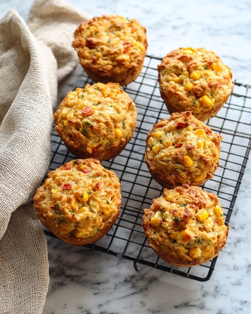 Five savory muffins are shown on a black metal cooling rack, each muffin roughly round and lumpy with a textured top filled with light brown, yellow corn kernels, and green herb bits. The muffins have a golden-brown crust with uneven, slightly crispy edges and visible pieces of tomato mixed inside. A crumpled light beige cloth is on the left side of the rack, and the entire setup is placed on a white marbled surface. The muffins look warm and freshly baked. photo taken with an iphone --ar 4:5 --v 7