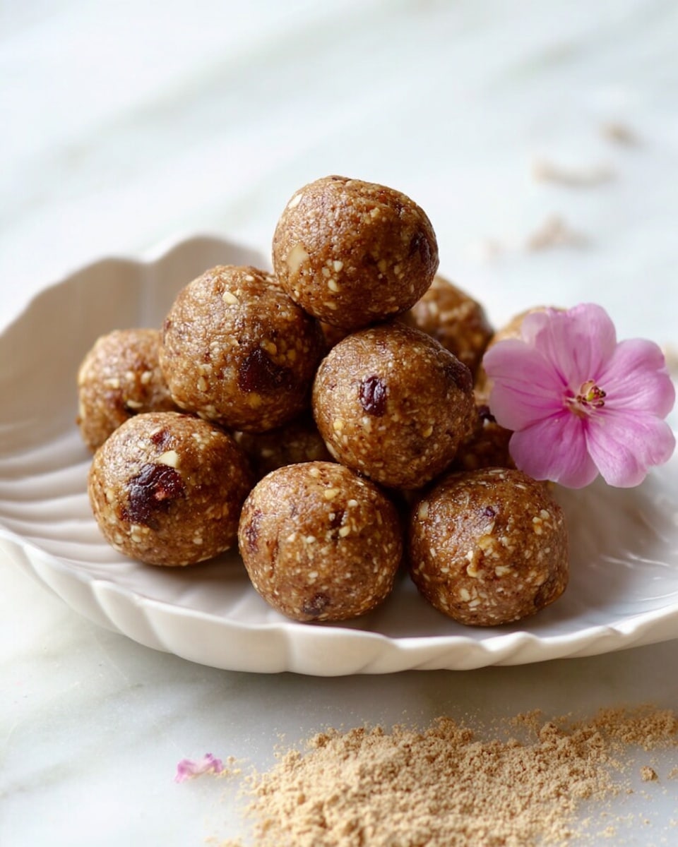 A white leaf-shaped plate holds a pile of round, brown energy balls with visible bits of nuts and dried fruit inside, giving them a textured, slightly rough surface. The balls are stacked in two layers, with some resting on the plate and others piled on top, creating a small mound. A small pink flower is placed on the plate to the right side as decoration. The plate sits on a white marbled surface, and there are tiny crumbs scattered around the plate, adding to the natural presentation. photo taken with an iphone --ar 4:5 --v 7