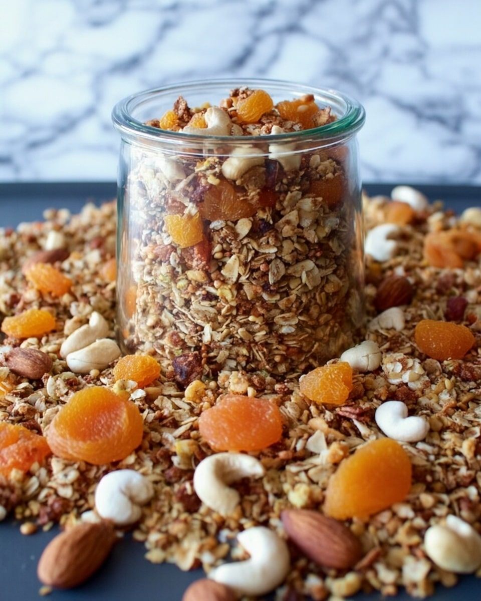 A clear glass jar filled with granola sits in the center of the image. The granola shows a mix of textures and colors, including light brown oats, dark brown almonds, pale cashews, and bright orange dried apricot pieces scattered evenly throughout. The jar is surrounded by more granola spread out in an even layer, all placed on a white marbled surface. The background is a solid dark blue, giving contrast to the granola and jar. The oats look crunchy and small seeds are visible mixed in. Photo taken with an iphone --ar 4:5 --v 7
