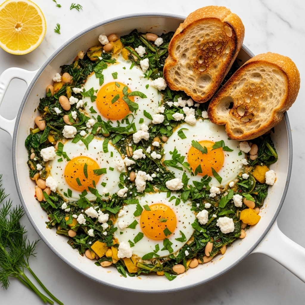 A white round pan filled with three layers: the bottom layer is cooked green leafy vegetables mixed with yellow pieces, the middle layer holds three white poached eggs with their yolks faintly visible, and the top layer is sprinkled with crumbled white cheese, white beans, chopped green onions, and fresh dill. Two toasted slices of bread, golden brown with a crisp texture, rest on the pan's edge. The pan is placed on a small wooden trivet on a white marbled surface, with a sliced lemon half and sprigs of dill nearby. Photo taken with an iphone --ar 4:5 --v 7