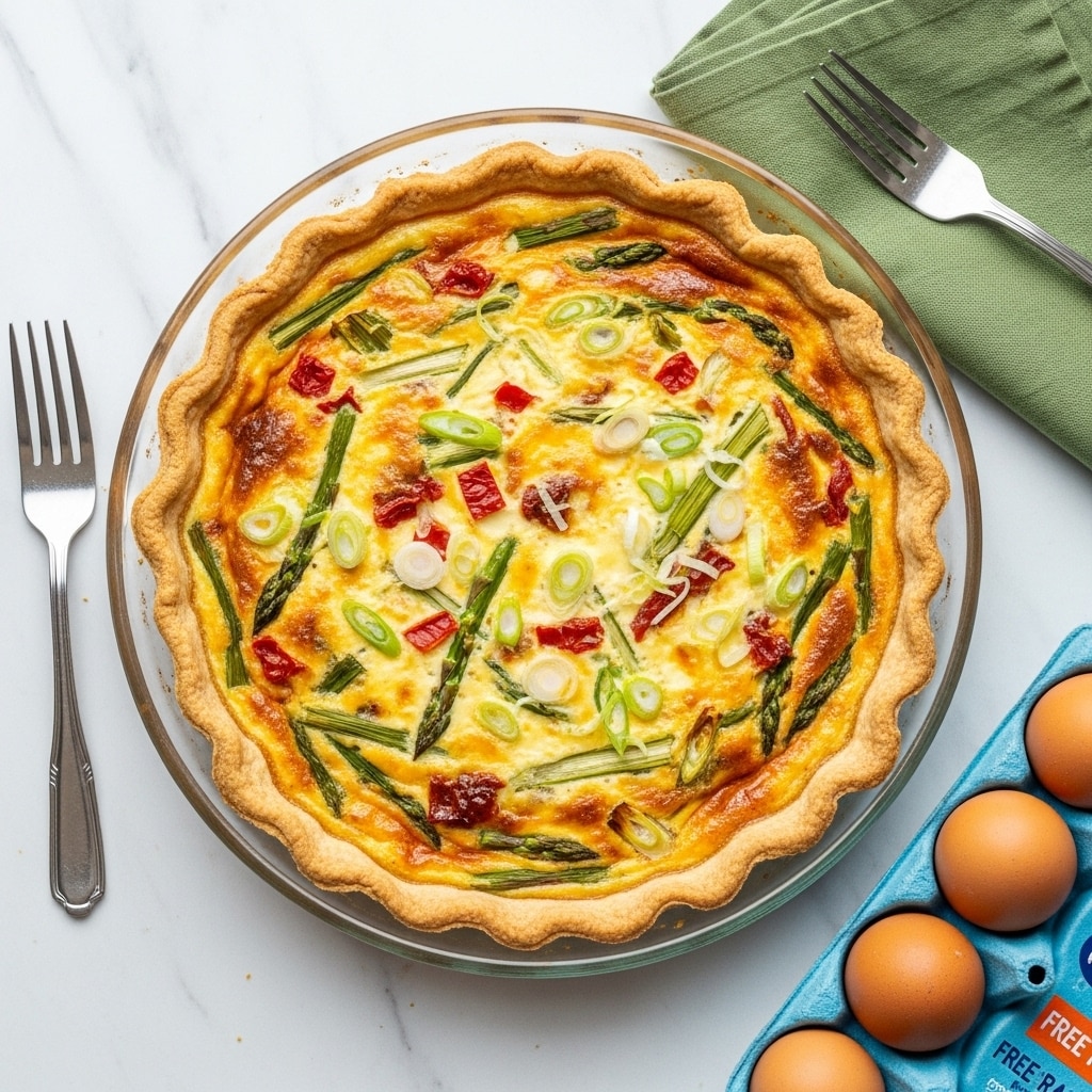 A round quiche with a golden-brown crust sits in a clear glass pie dish on a white marbled surface. The quiche's top layer is a colorful mix of green vegetable pieces, likely asparagus or green onions, scattered evenly with red bits that look like roasted peppers or tomatoes, all set in a creamy yellow egg mixture with some light browned spots. The crust edges are slightly raised and crisp, holding the filling securely inside. A green cloth napkin is placed near the pie dish, and part of an egg carton with blue and white labeling is visible in the bottom right corner. Photo taken with an iphone --ar 4:5 --v 7