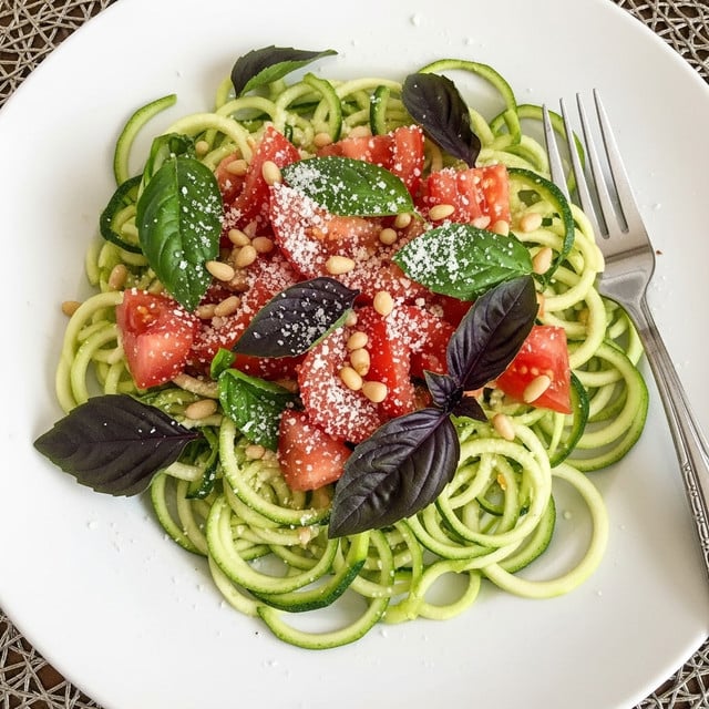A white plate holds a fresh zucchini noodle dish layered with light green spiralized zucchini strands mixed with bright red cherry tomato halves and chunks. On top, there are scattered small white pine nuts and grated pale yellow cheese. Fresh green basil leaves add contrast, and a silver fork is set on the right edge of the plate. The plate rests on a woven dark textured mat with a white marbled background. photo taken with an iphone --ar 4:5 --v 7