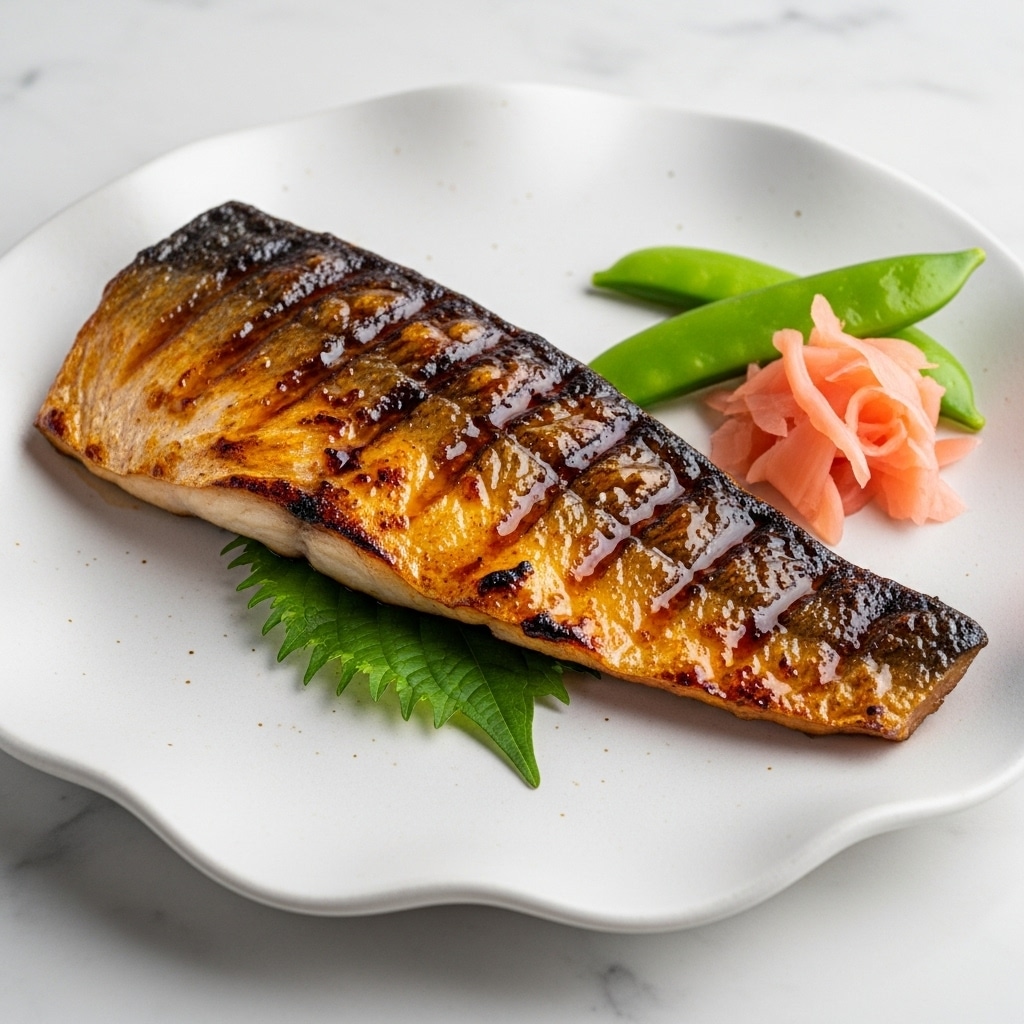 A grilled fish fillet with a shiny, caramelized brown and golden glaze rests diagonally on a white, irregularly wavy-edged plate. Beneath the fish, there is a single dark green leaf peeking out. On the right side of the fillet, two bright green snap pea pods lean against a small pile of light pink pickled ginger, which has a soft, folded texture. The plate sits on a white marbled surface. photo taken with an iphone --ar 4:5 --v 7