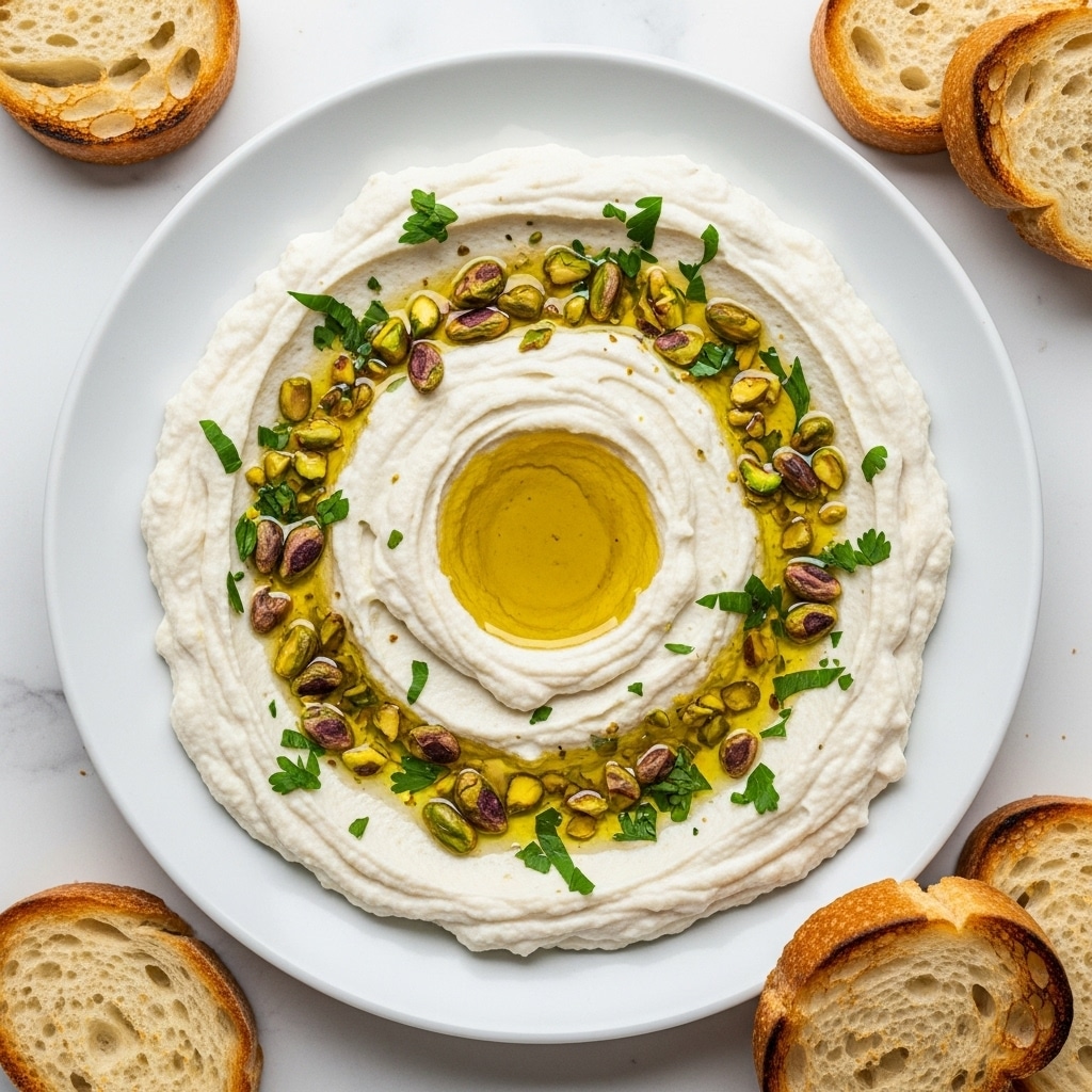 A round white plate holds a thick, creamy, white spread shaped with swirls and a small dip in the center. On top of the spread, there are green chopped herbs and scattered whole and chopped pistachios, adding texture and color. A few drops of golden olive oil shine on the spread’s surface. Around the plate, pieces of toasted bread with a golden-brown crust are placed on a white marbled surface, alongside a small white bowl containing crumbly white cheese. Photo taken with an iphone --ar 4:5 --v 7