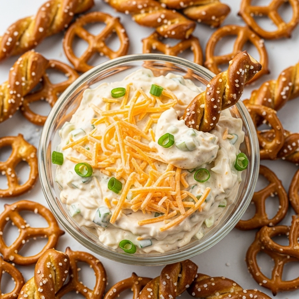 A glass bowl filled with a creamy, pale yellow dip mixed with small green chive pieces and finely chopped bits, giving it a textured look. The bowl is placed on a white marbled surface and surrounded by several golden brown pretzels with a slight shine and sprinkled with coarse salt. One pretzel is dipped slightly into the creamy mixture, partly resting on the side of the glass bowl. The background is softly blurred, keeping the focus on the bowl and pretzels. photo taken with an iphone --ar 4:5 --v 7
