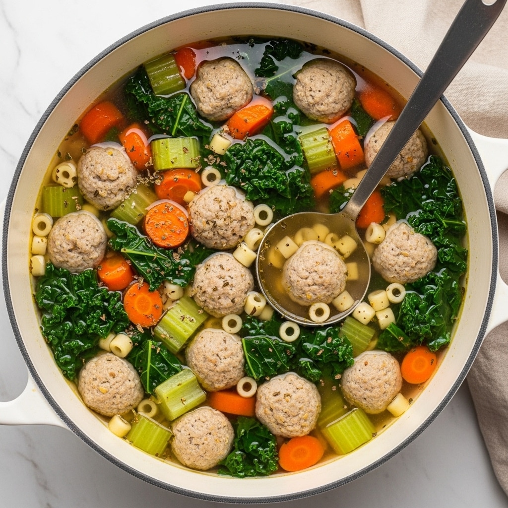 A large white pot filled with soup containing about three layers of ingredients: the top layer has small, golden-browned meatballs and bright green leafy kale pieces floating in clear broth, mixed with small, pale yellow pasta tubes; below that, there are orange carrot chunks and translucent pieces of celery and onion, all visible through the light broth. A silver spoon rests inside the pot, partially submerged and leaning against the side. The pot is on a white marbled surface with a sprig of parsley and a lemon wedge visible near the edge. Photo taken with an iphone --ar 4:5 --v 7