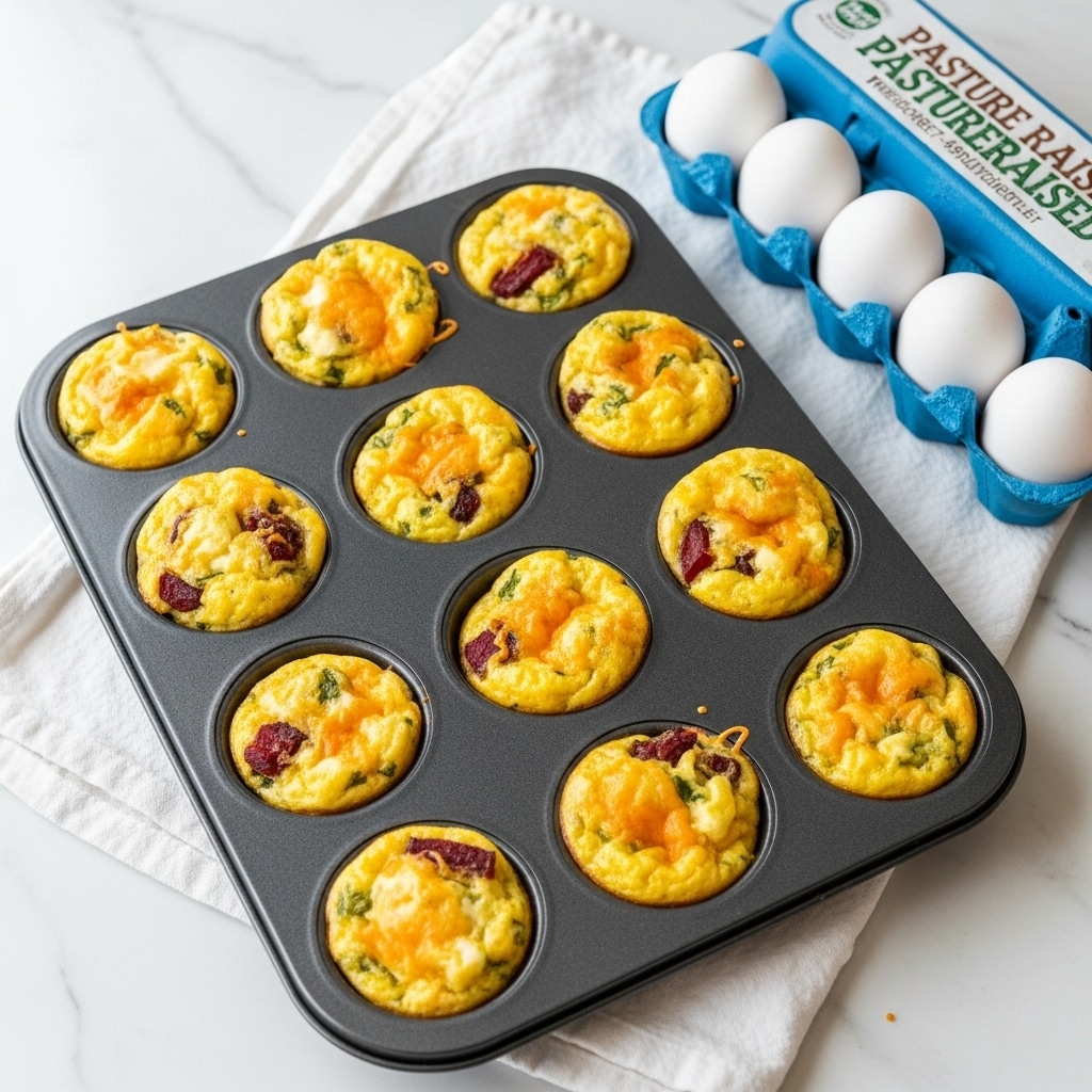 A metal muffin tray holds twelve mini egg muffins that are golden yellow with some brown spots and melted shredded cheese on top. Each muffin has visible bits of herbs and small pieces of dark-colored ingredients mixed inside. The tray sits on a white marbled surface, with a white cloth nearby and a blue carton of pasture-raised eggs to the right side of the image. The overall scene is bright and clean, showing the muffins fresh out of the oven. photo taken with an iphone --ar 4:5 --v 7