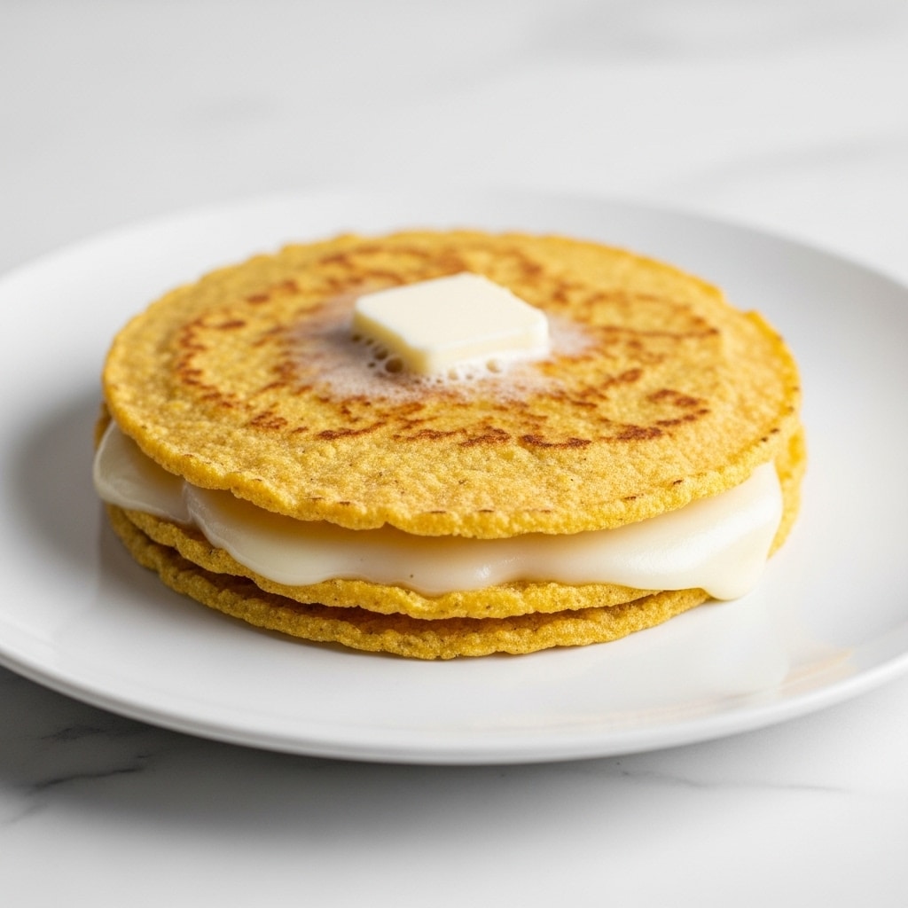 A close-up of a simple sandwich made of two yellowish, slightly browned flatbread layers with rough edges, enclosing three thick, smooth white cheese slices placed side by side; on top of the flatbread, a small piece of pale yellow butter is melting. The sandwich rests on a plain white plate over a white marbled surface. photo taken with an iphone --ar 4:5 --v 7