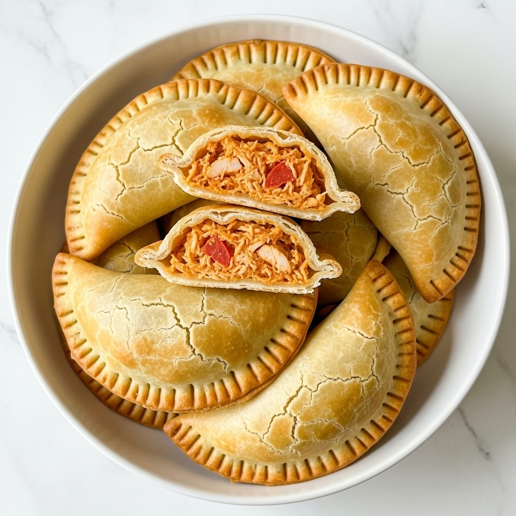 A white bowl holds four golden-brown empanadas with a soft and slightly flaky crust. Two empanadas are whole, showing a lightly crimped edge and a smooth, cracked surface. Two empanadas are stacked on top, each cut in half to reveal the filling inside: shredded orange chicken mixed with small chunks of red tomato, creating a textured and colorful contrast against the crust. The bowl sits on a white marbled surface, enhancing the warm tones of the food. photo taken with an iphone --ar 4:5 --v 7