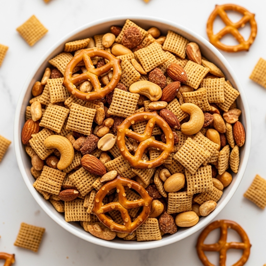A white bowl filled with a dry snack mix, showing a mix of different textured layers. The top layer has small square cereal pieces in light beige, tan, and brown shades, giving a crunchy look. Scattered throughout are light brown pretzels with a smooth and shiny surface. Mixed in are whole nuts including golden cashews, smooth pale peanuts, and brown almonds, adding variety to the colors and shapes. Some round, golden-brown biscuit pieces are also visible, adding another texture to the mix. The bowl sits on a white marbled surface, with a few cereal pieces and pretzels scattered around the bowl edges. Photo taken with an iphone --ar 4:5 --v 7
