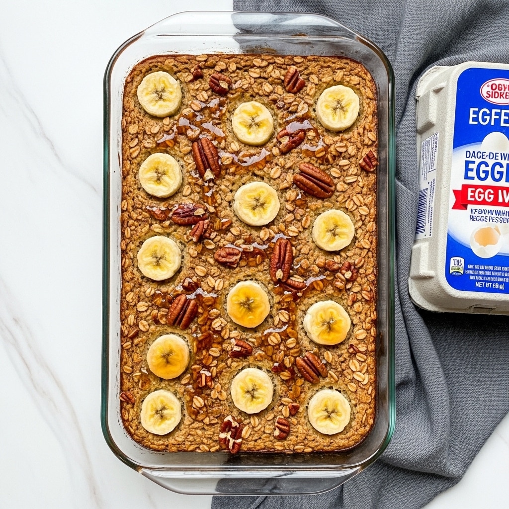 A baked oatmeal square sits inside a clear glass baking dish on a white marbled surface, topped with scattered small pieces of pecans and whole oats creating a rough texture across the light brown base. Several round banana slices are arranged on top, some drizzled with a shiny amber syrup that pools slightly on the surface, adding a glossy contrast. Next to the baking dish, a carton of Eggland's Best 100% egg whites rests on a light grey cloth, showing a colorful image of baked egg whites with red and green vegetables. Photo taken with an iphone --ar 4:5 --v 7