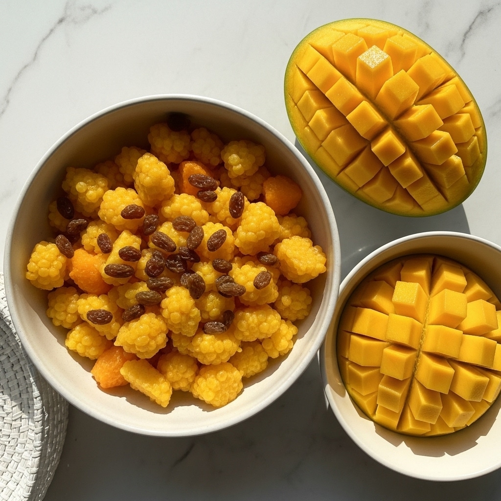 A ceramic bowl filled with small cubes of yellow and orange fruits, including mango and bits of pink fruit, topped with golden raisins scattered on top. The bowl sits on a white marbled surface, with a larger piece of sliced mango showing a grid pattern in the upper right corner. Part of a white woven basket is visible on the left, and a green bowl with neatly cut mango pieces arranged in a grid is partially visible at the bottom right. Warm light casts soft shadows around the scene, creating a bright and inviting look. photo taken with an iphone --ar 4:5 --v 7