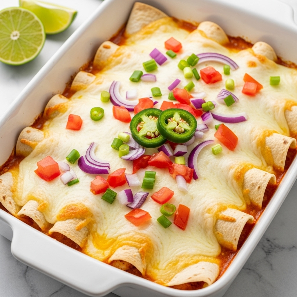 A white baking dish filled with three rolled tortillas arranged side by side at the bottom, covered completely by a thick layer of melted white cheese with a slightly golden, bubbly texture. On top, there is a colorful mix of finely chopped fresh red tomatoes, purple onions, and green herbs scattered evenly across, with three green jalapeño slices placed near the center. The tortillas peek through slightly at the edges, showing a soft, light golden-brown color. The dish sits on a white marbled surface with two cut lime wedges visible in the background. photo taken with an iphone --ar 4:5 --v 7