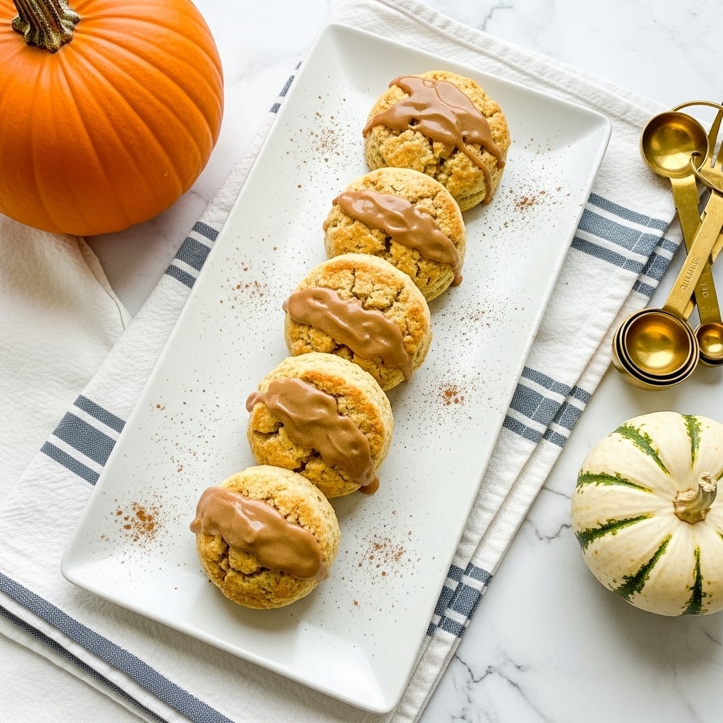 Five triangular pumpkin scones with a golden brown color sit arranged in a single row on a white rectangular plate. Each scone is thick and textured with cracks on top, drizzled with a shiny, darker brown glaze and sprinkled lightly with cinnamon powder. The plate is placed on a white marbled texture with a small green and white striped pumpkin at the bottom right corner and a large orange pumpkin at the upper left corner. Next to the plate is a white cloth with blue stripes, a gold fork, and a set of four gold measuring spoons. The overall scene has a warm, cozy, fall feeling. photo taken with an iphone --ar 4:5 --v 7