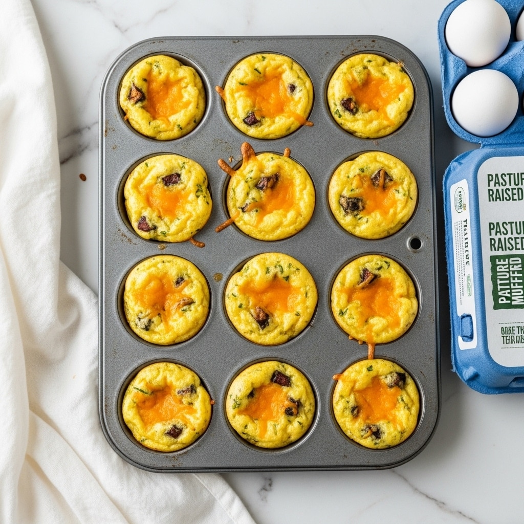 A dark grey baking tray holds twelve small egg muffins, each with a slightly golden top layer mixed with melted cheese and visible herbs, giving a textured yellow and green look. Some muffins show bits of dark red, likely pieces of meat or vegetable, adding contrast on the top. The muffins have a soft, slightly raised surface, fitting neatly inside each round cup of the tray. Beside the muffin tray is a blue carton of pasture-raised eggs resting on a white cloth, all placed on a white marbled surface. photo taken with an iphone --ar 4:5 --v 7