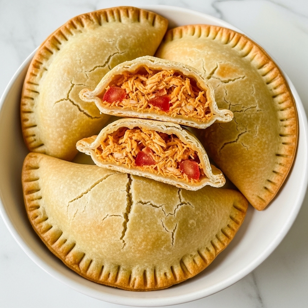 A white bowl is filled with several golden-brown empanadas that have a slightly cracked and flaky crust, each with neatly pressed edges. On top, two empanadas are cut in half, showing the filling inside made of shredded chicken mixed with small pieces of red tomato, giving a textured and moist look with a warm orange-red color. The bowl sits on a white marbled surface, creating a clean and bright background for the food. photo taken with an iphone --ar 4:5 --v 7