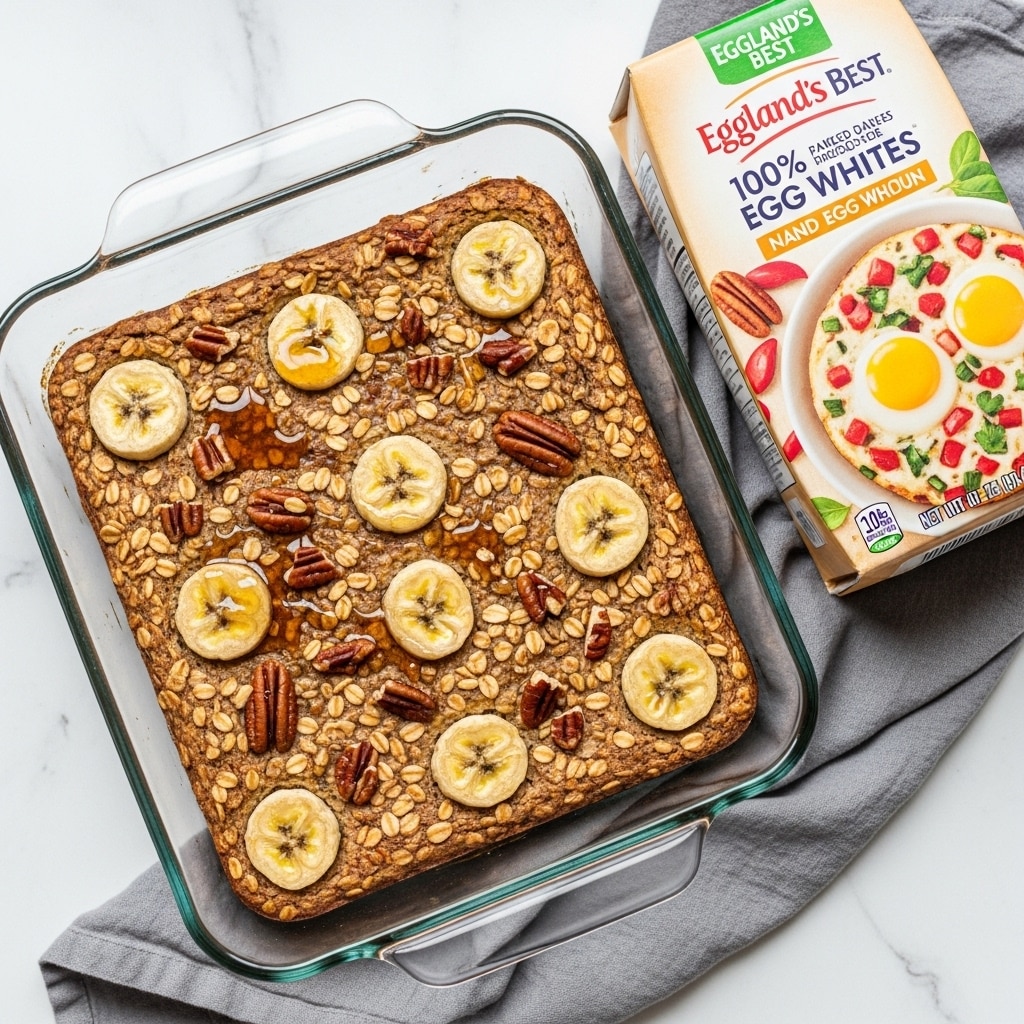 A rectangular baked oatmeal dish in a clear glass pan fills most of the image, sitting on a white marbled surface with a grey cloth beside it. The oatmeal base is light brown with a rough texture, topped with scattered whole oats and chopped pecans that add a darker brown, crunchy look. Several round, pale yellow banana slices are placed unevenly on top, and there is a shiny amber drizzle of syrup across the surface, giving it a glossy finish in spots. To the right of the dish, a carton of egg whites with blue and red labels rests on the cloth. photo taken with an iphone --ar 4:5 --v 7