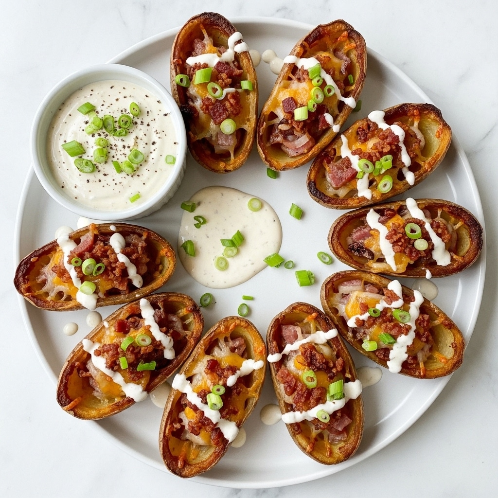 The image shows a white plate with eight potato skins arranged in a circle. Each potato skin has a crispy, golden-brown outer shell filled with a layer of melted cheese, small pieces of crispy bacon, and chopped green onions scattered on top. White creamy sauce is drizzled over the potato skins, adding contrast to the warm tones. On the edge of the plate, there is a small white bowl filled with more creamy sauce garnished with green onions. The plate sits on a white marbled surface with a few crumbs and sauce droplets around it. photo taken with an iphone --ar 4:5 --v 7