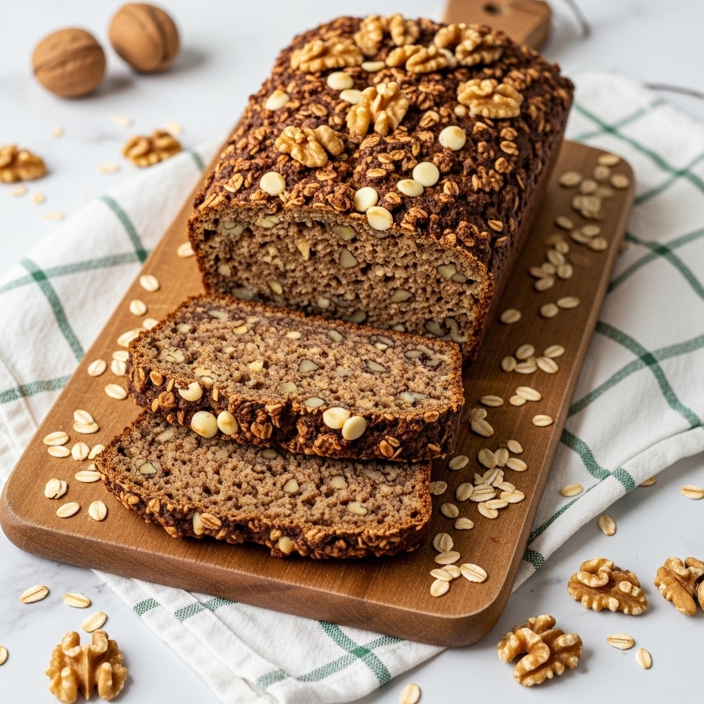 A wooden cutting board sits on a white marbled surface with a green and white checkered cloth nearby. On the board, there is a loaf of nut bread sliced partially, showing two thick slices cut from it. The bread is textured with visible nuts and oats throughout, topped with chopped nuts and white chocolate chips scattered on top and around it. The crust is golden brown with a slightly rough surface, and the inside looks moist with a light brown color. photo taken with an iphone --ar 4:5 --v 7