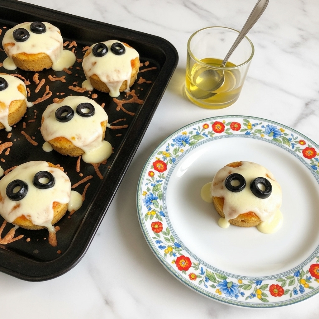 The image shows small round pastries topped with dark purple grapes covered in a white glaze. There are six pastries on a dark baking tray, each with a golden brown crust and the grapes glistening under the glaze. To the right, one pastry sits on a white plate decorated with pink, yellow, and purple floral designs around the edges. Above the plate, there is a small glass bowl with clear liquid and a silver spoon resting next to it on a wooden surface. The background beneath the tray and plate is a white marbled texture. photo taken with an iphone --ar 4:5 --v 7