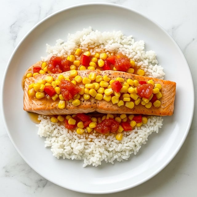 A white plate with a round base layer of white cooked rice in the center. On top of the rice is a piece of cooked salmon with a pinkish-orange color. The salmon is covered with a chunky sauce made of yellow corn kernels, small pieces of red bell pepper, and small bits of green herbs, giving it a mix of yellow, red, and green colors. The sauce spills slightly onto the white plate, creating a light brown spread around the rice and salmon. The dish is set on a white marbled surface. photo taken with an iphone --ar 4:5 --v 7
