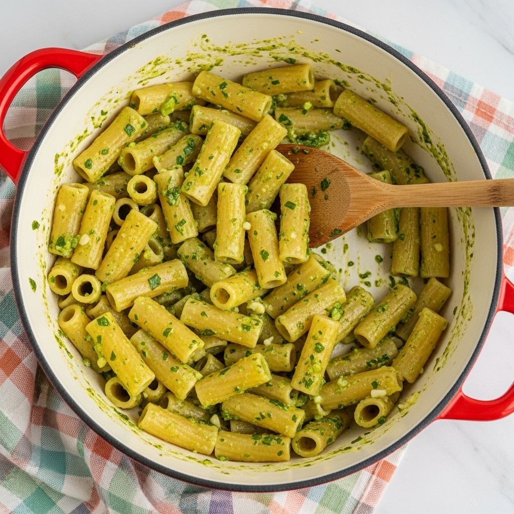 A close-up view of a red cast-iron pot with a pale cream inside holding cooked penne pasta mixed with a green herb sauce, showing small bits of herbs sticking to the pasta and the pot's sides. A wooden spoon is inside the pot, partly covered by the pasta, suggesting the dish is being stirred or served. The pot sits on a striped cloth on top of a white marbled surface, with some blurry green leaves in the background. Photo taken with an iphone --ar 4:5 --v 7