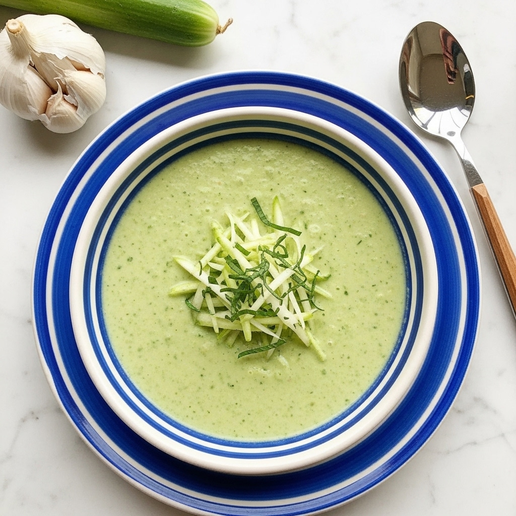 A bowl filled with creamy pale green soup, smooth in texture with small visible chunks, topped with thin slices of light green and dark green vegetables in the center. The bowl is white with a bold blue zigzag pattern around the inner edge and a thin brown rim. The background is a white marbled surface with a wooden spoon and garlic and leek nearby. Photo taken with an iphone --ar 4:5 --v 7