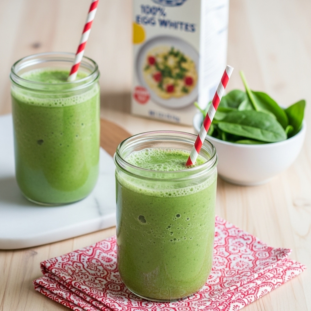Two clear glass jars filled with bright green, creamy smoothie are placed on a light wooden table with a white marbled board underneath. Each jar has a red and white striped paper straw sticking out. In the background, a white carton of egg whites with blue and red labels stands on the table. A small white bowl with fresh green spinach leaves sits on the left, some leaves spilling out onto the white marbled board. The setting has a fresh and clean look with soft lighting. photo taken with an iphone --ar 4:5 --v 7