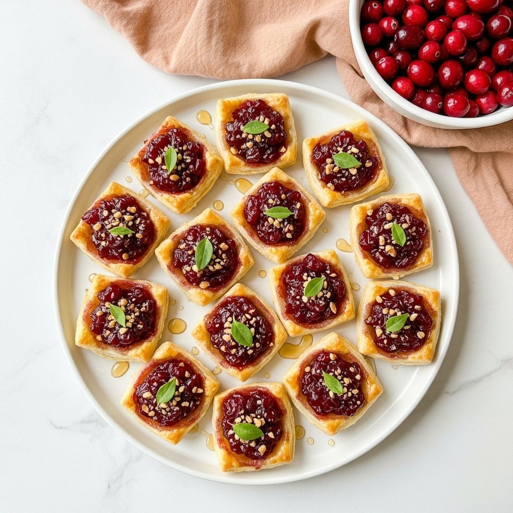 The image shows a white oval plate filled with small puff pastry bites, each having one layer of golden, flaky pastry formed into a cup shape. Inside each pastry cup is a thick, glossy layer of deep red cranberry sauce topped with small chopped nuts, giving a crunchy texture. The cranberry sauce is scattered with tiny green herb leaves, adding a touch of fresh color. Around the plate, there are droplets of light honey creating a shiny effect. To the right, there is a white scalloped bowl filled with fresh bright red cranberries sitting on a light pink cloth, all placed on a white marbled texture. Photo taken with an iphone --ar 4:5 --v 7