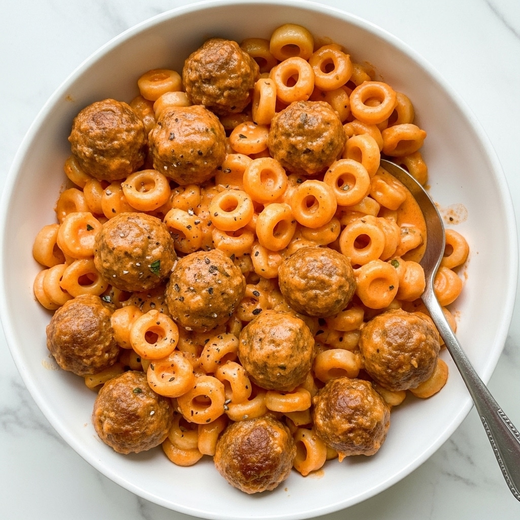 A white bowl filled with small, ring-shaped pasta coated in a rich, smooth orange-red tomato sauce. Mixed throughout are several small brown meatballs with a slightly rough texture. The sauce clings thickly to both the pasta and meatballs, giving a glossy, appetizing shine. A silver spoon partially rests inside the bowl on the right side, nestled among the pasta and meatballs. The bowl is set on a white marbled surface. photo taken with an iphone --ar 4:5 --v 7
