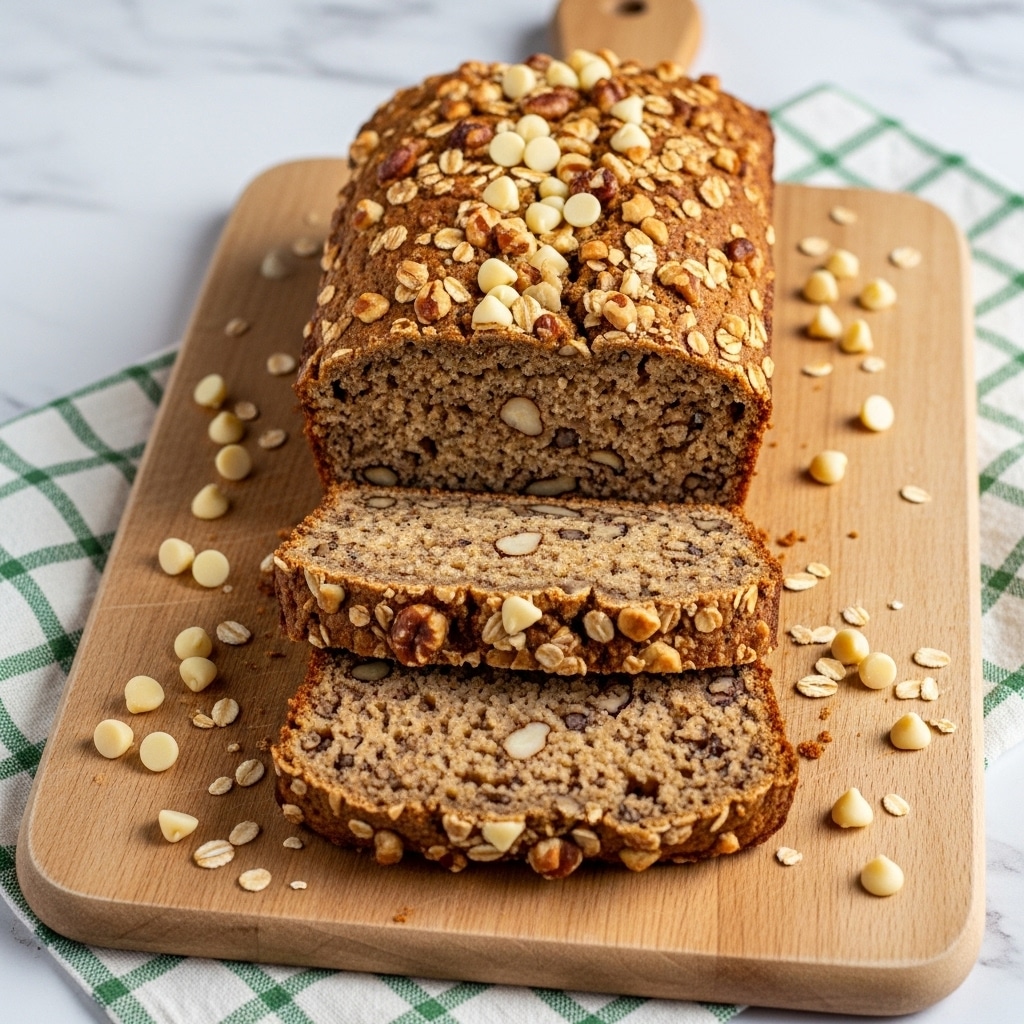 A loaf of nut bread is placed on a wooden cutting board over a white marbled surface. The bread has two thick slices cut, showing a dense texture with visible oats and nuts inside. The top layer is darker brown with a crunchy look and is sprinkled with white chocolate chips and whole walnuts. Around the bread and board, there are scattered oats and walnuts, adding a rustic touch. A white cloth with green checks is partially visible under the board. Photo taken with an iphone --ar 4:5 --v 7